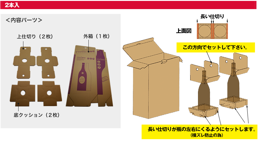 箱のセット方法（２本入り）:上面図長い仕切り。この方向でセットしてください。（横ズレ防止の為）